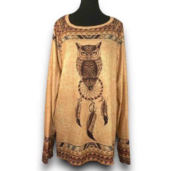 Plus Size Owl Tunic Long Sleeve Boho Top Dreamcatcher Feathers Western Sz 3XL - Picture 1 of 14